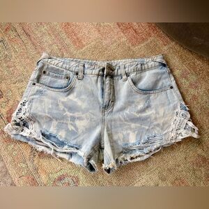 Free People Light Blue Denim Shorts with Lace Trim